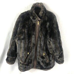 JLC Leather Jacket Womens M Brown Reversible Faux Mink Coat Mob Wife Old Money